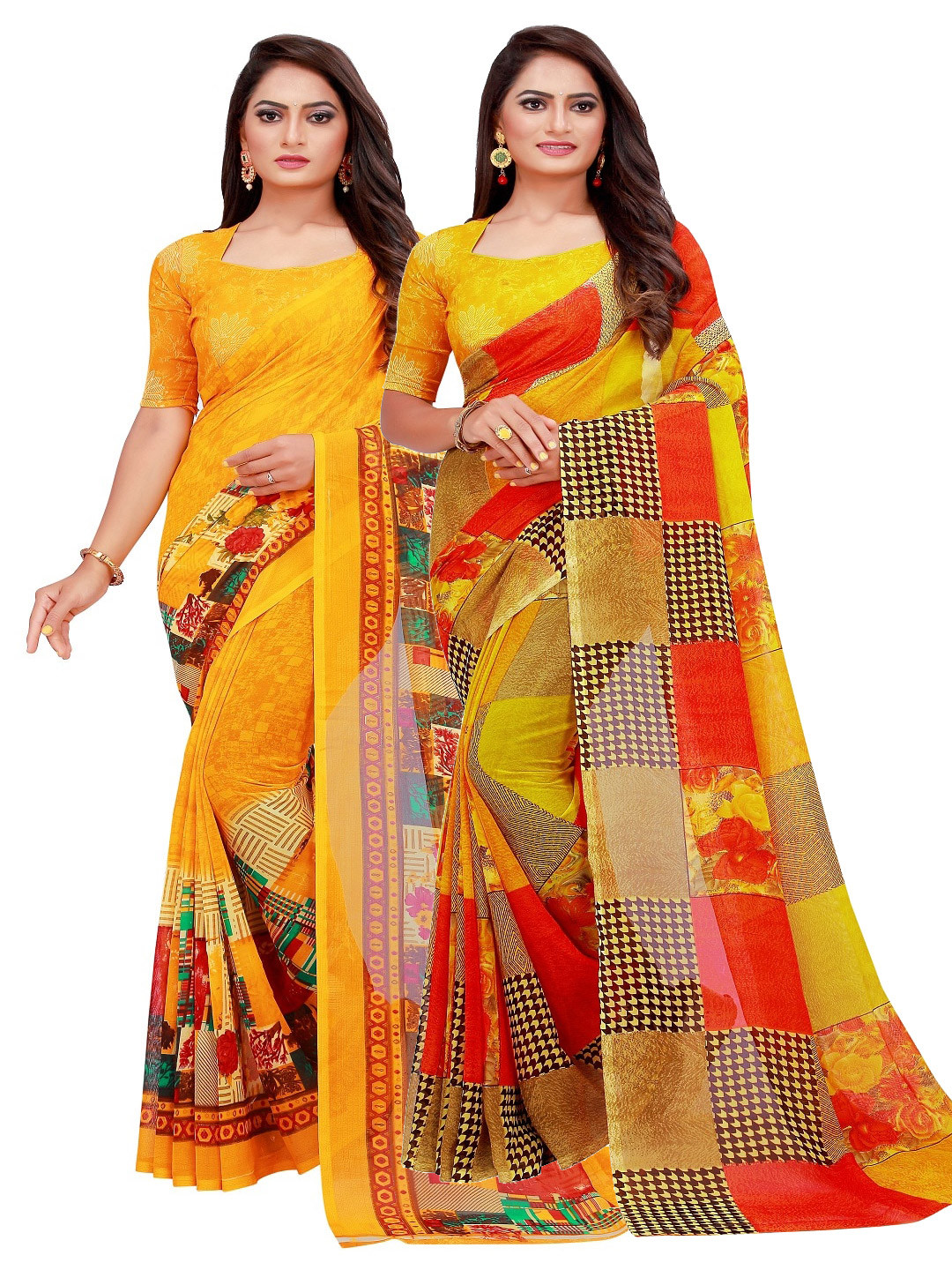 

SAADHVI Pack of 2 Yellow & Red Pure Georgette Saree