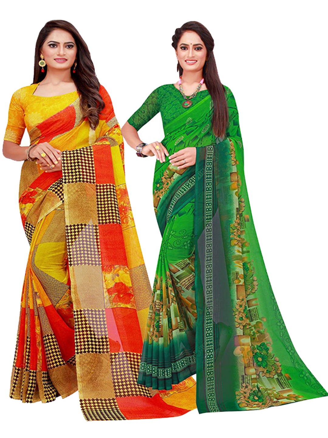 

SAADHVI Yellow & Green Floral Set of 2 Pure Georgette Saree