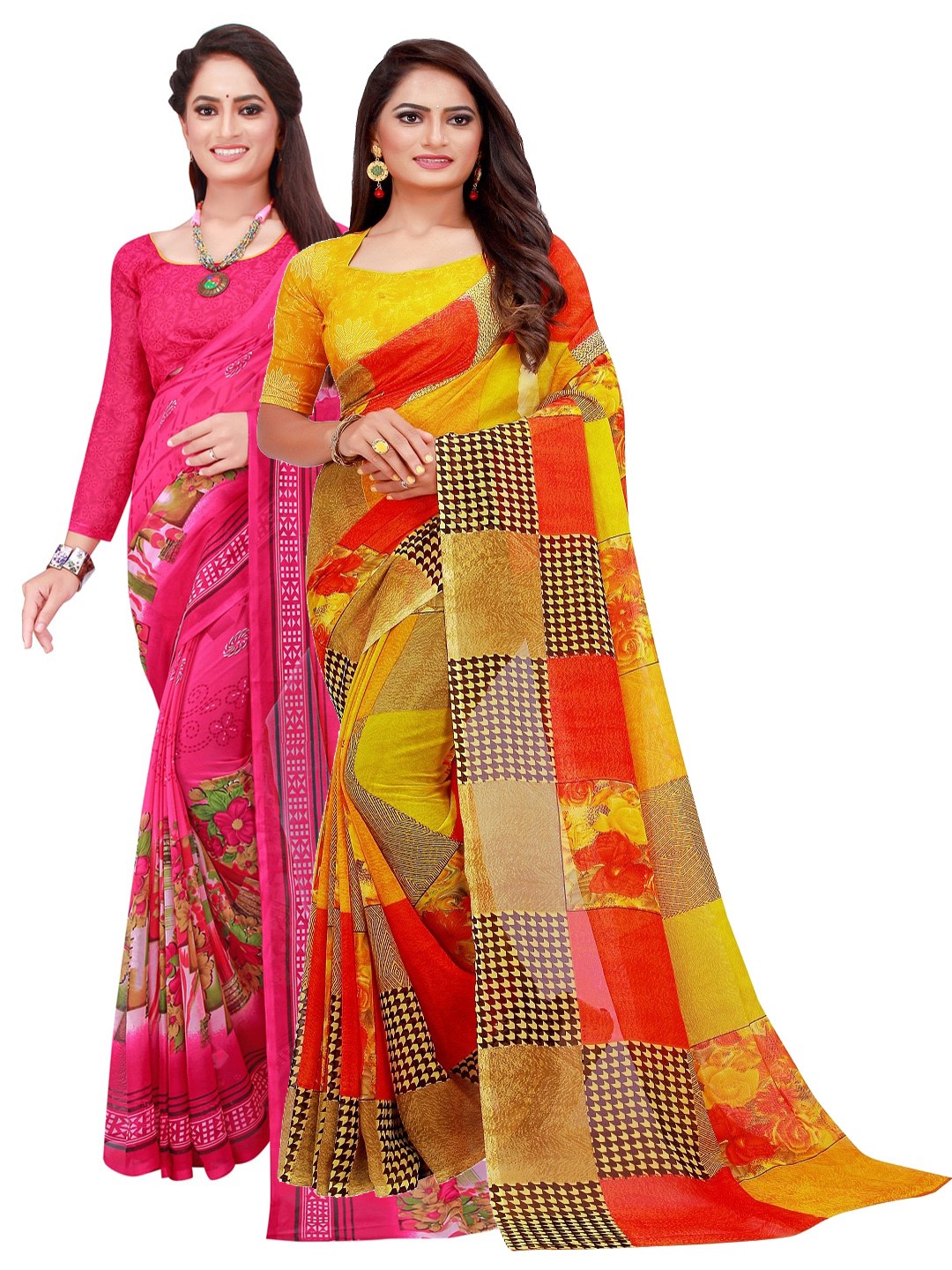 

SAADHVI Pack of 2 Magenta & Yellow Pure Georgette Saree