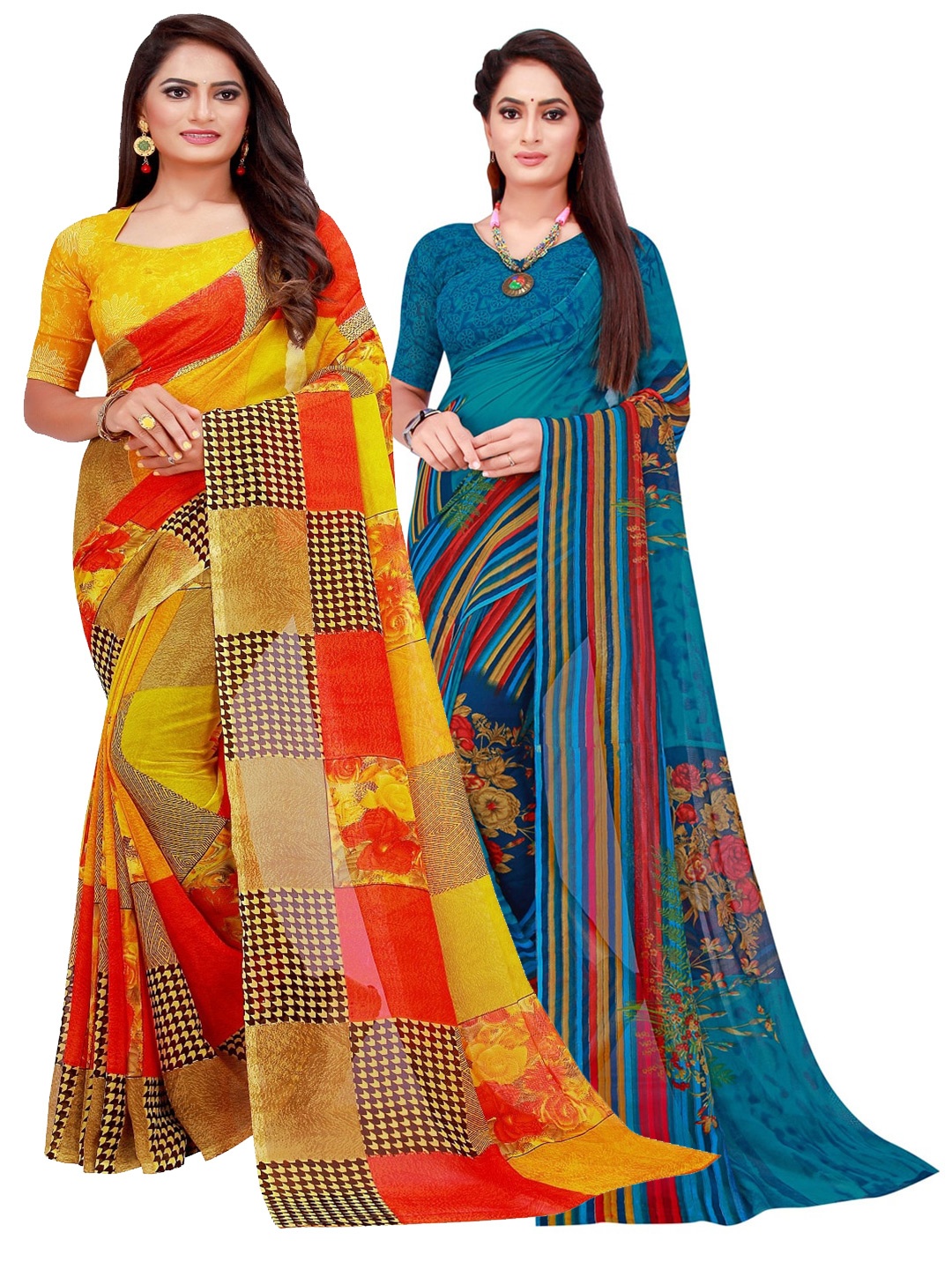 

SAADHVI Pack Of 2 Yellow & Blue Floral Pure Georgette Saree