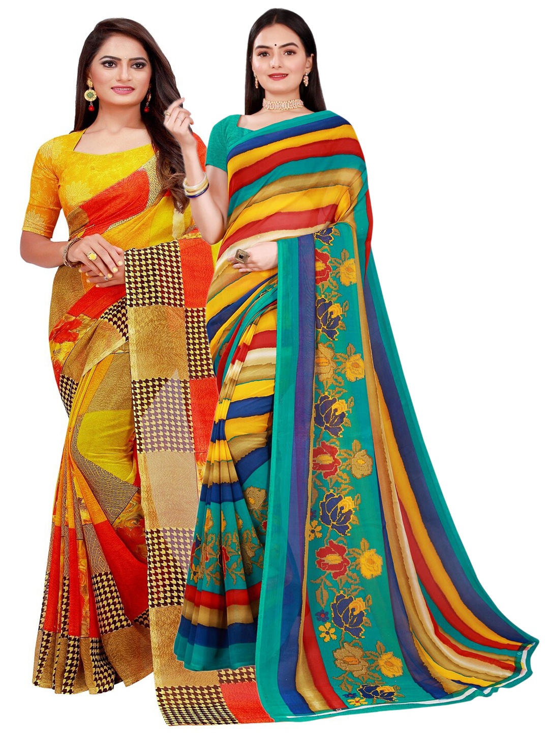 SAADHVI Yellow & Red Pure Georgette Saree