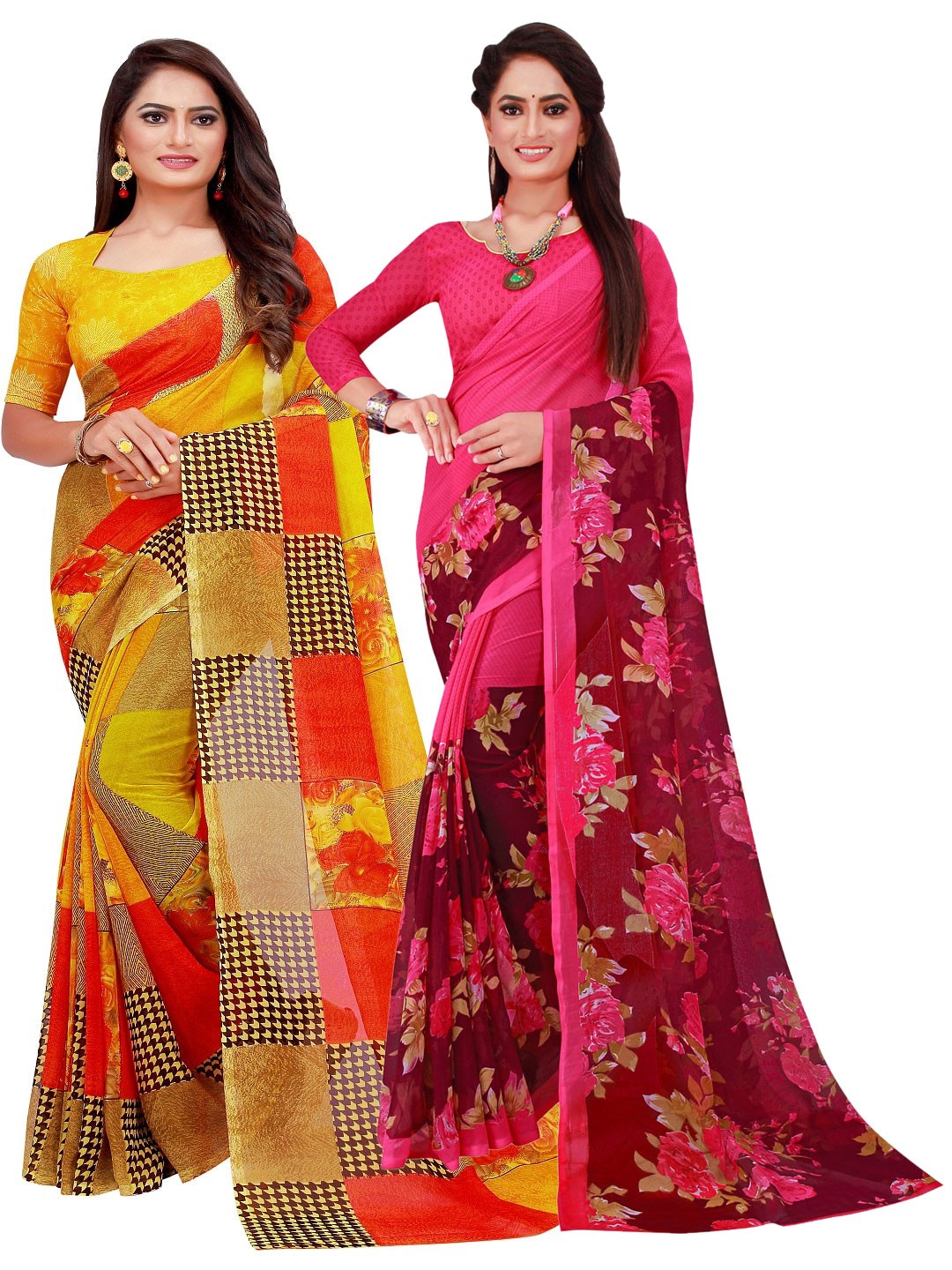 

SAADHVI Yellow & Pink Pure Georgette Saree