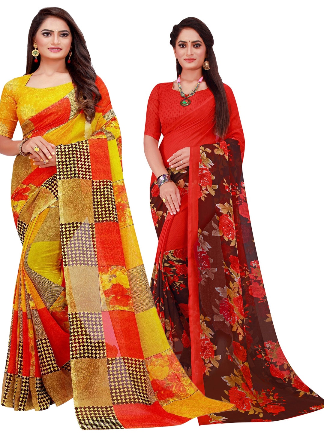 

SAADHVI Pack of 2 Pure Georgette Sarees, Yellow