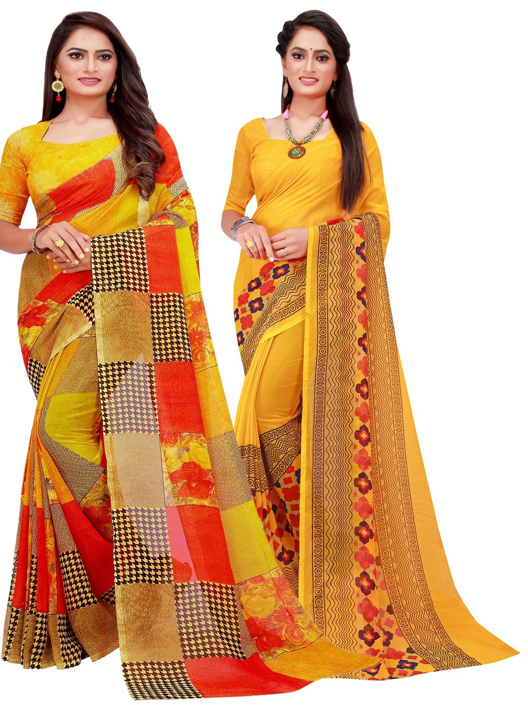 SAADHVI Pack of 2 Yellow & Red Floral Pure Georgette Saree