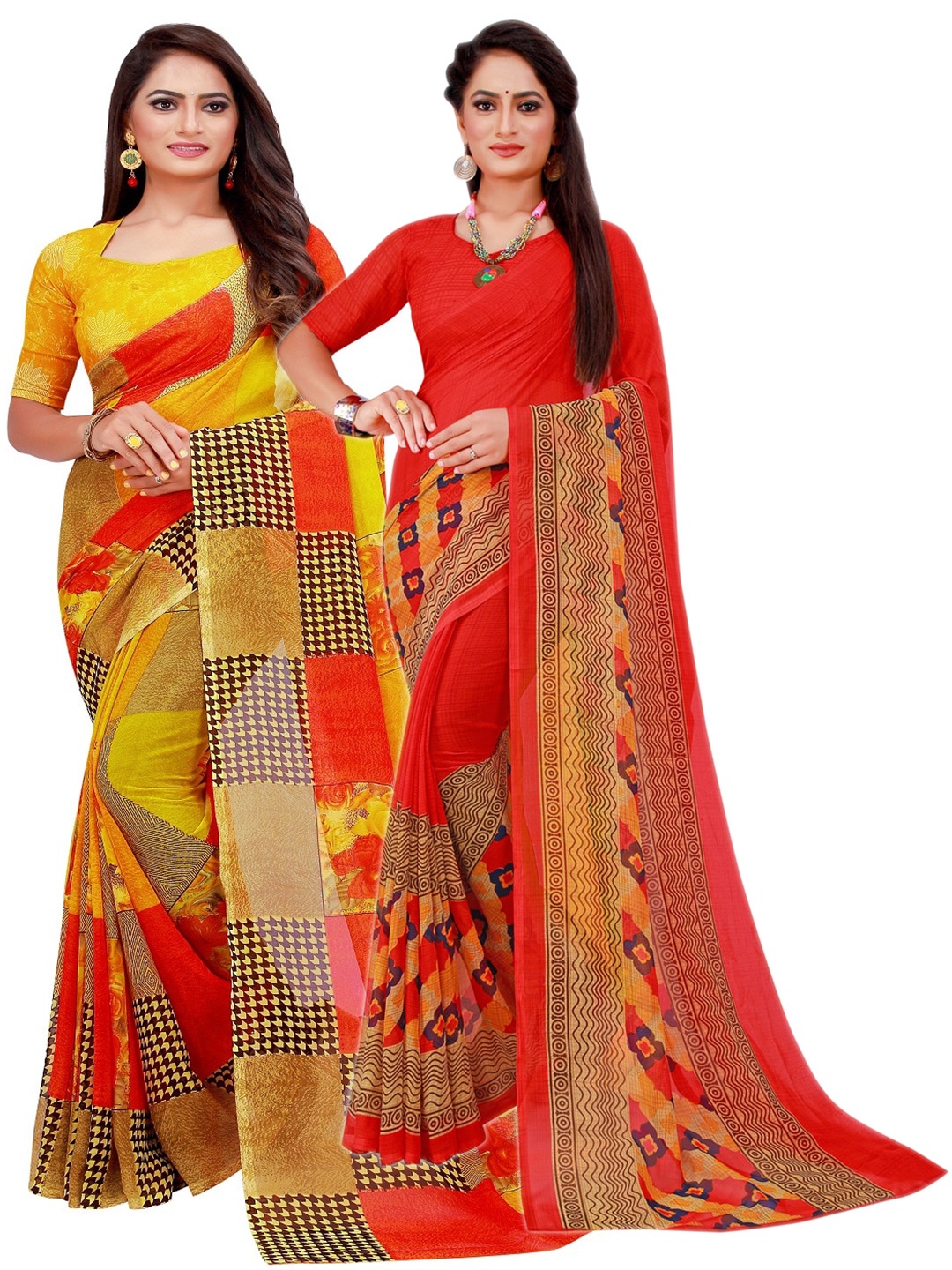 

SAADHVI Pack Of 2 Red & Yellow Printed Pure Georgette Saree