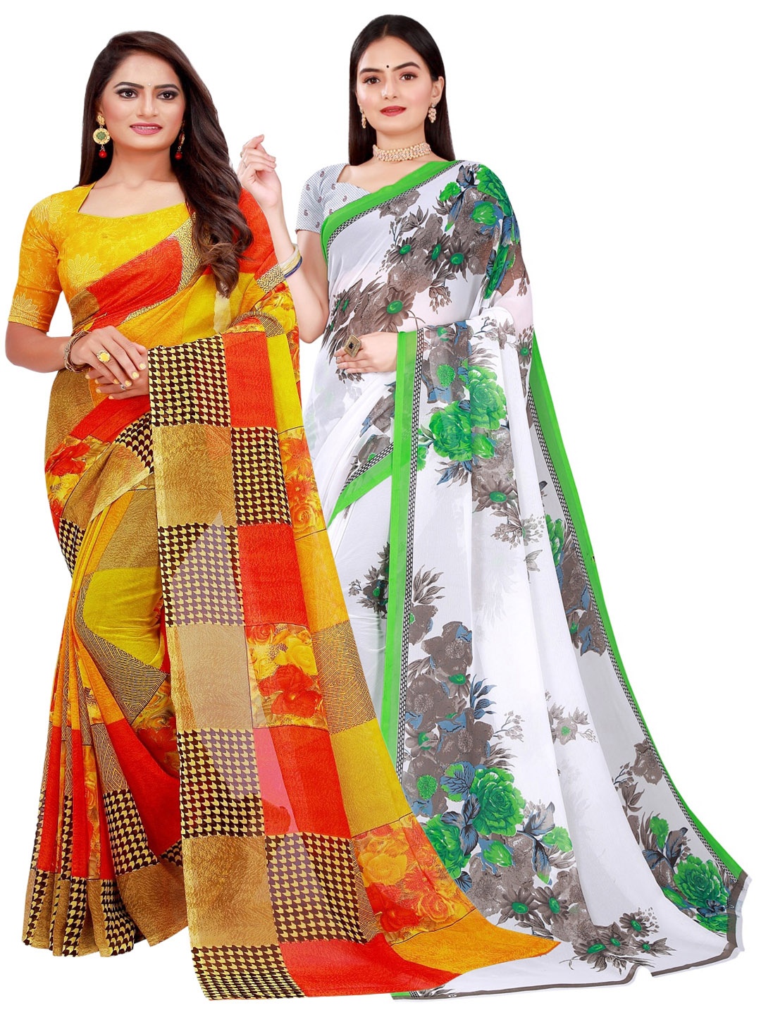 

SAADHVI Yellow & White Set Of 2 Floral Pure Georgette Saree