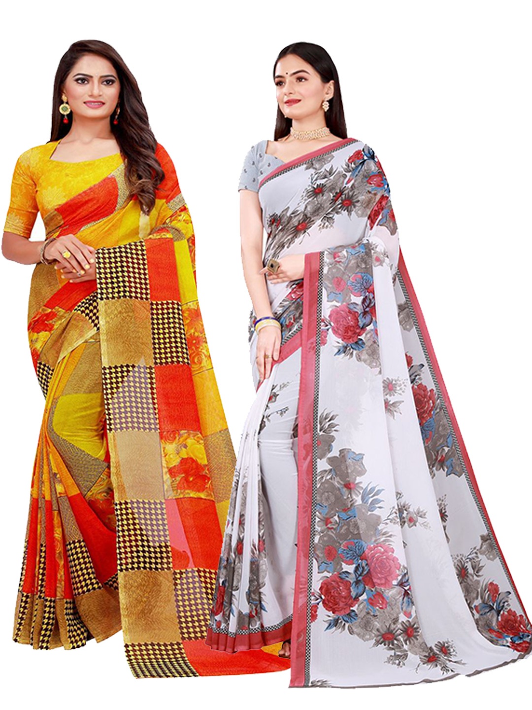 

SAADHVI Pack of 2 Yellow & White Pure Georgette Saree