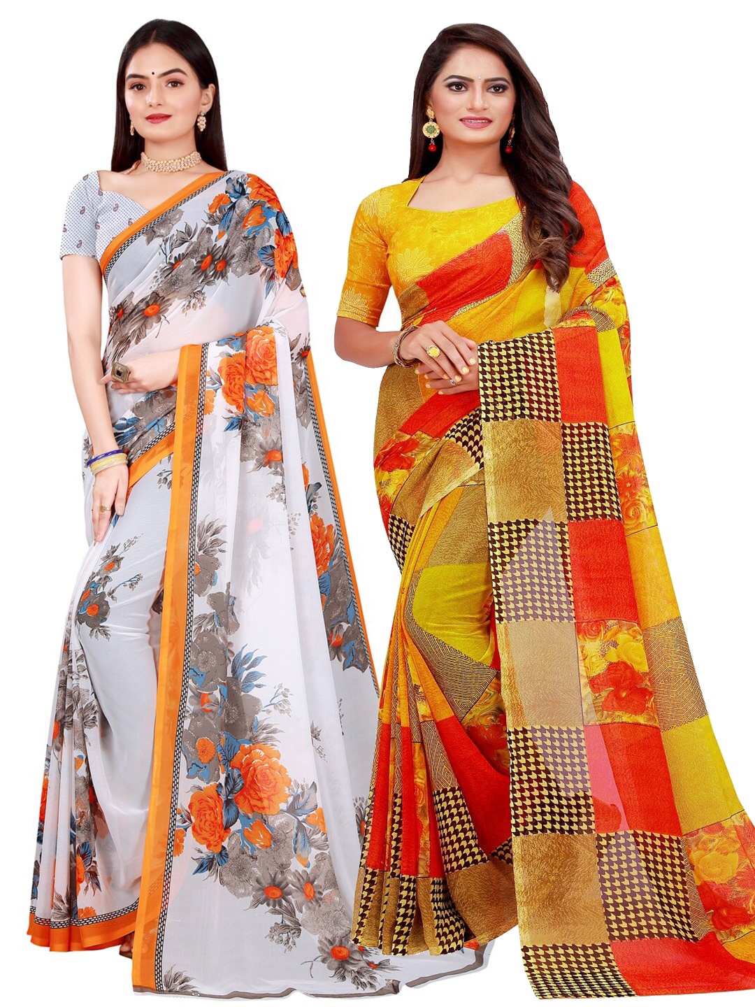 

SAADHVI Pack Of 2 White & Red Pure Georgette Saree