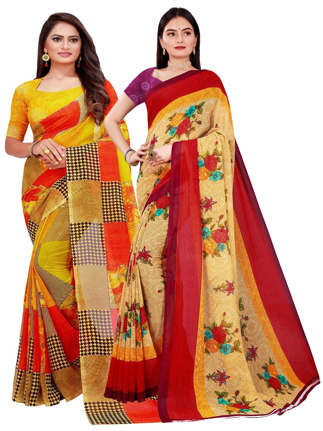 

SAADHVI Beige & Yellow Pure Georgette Saree