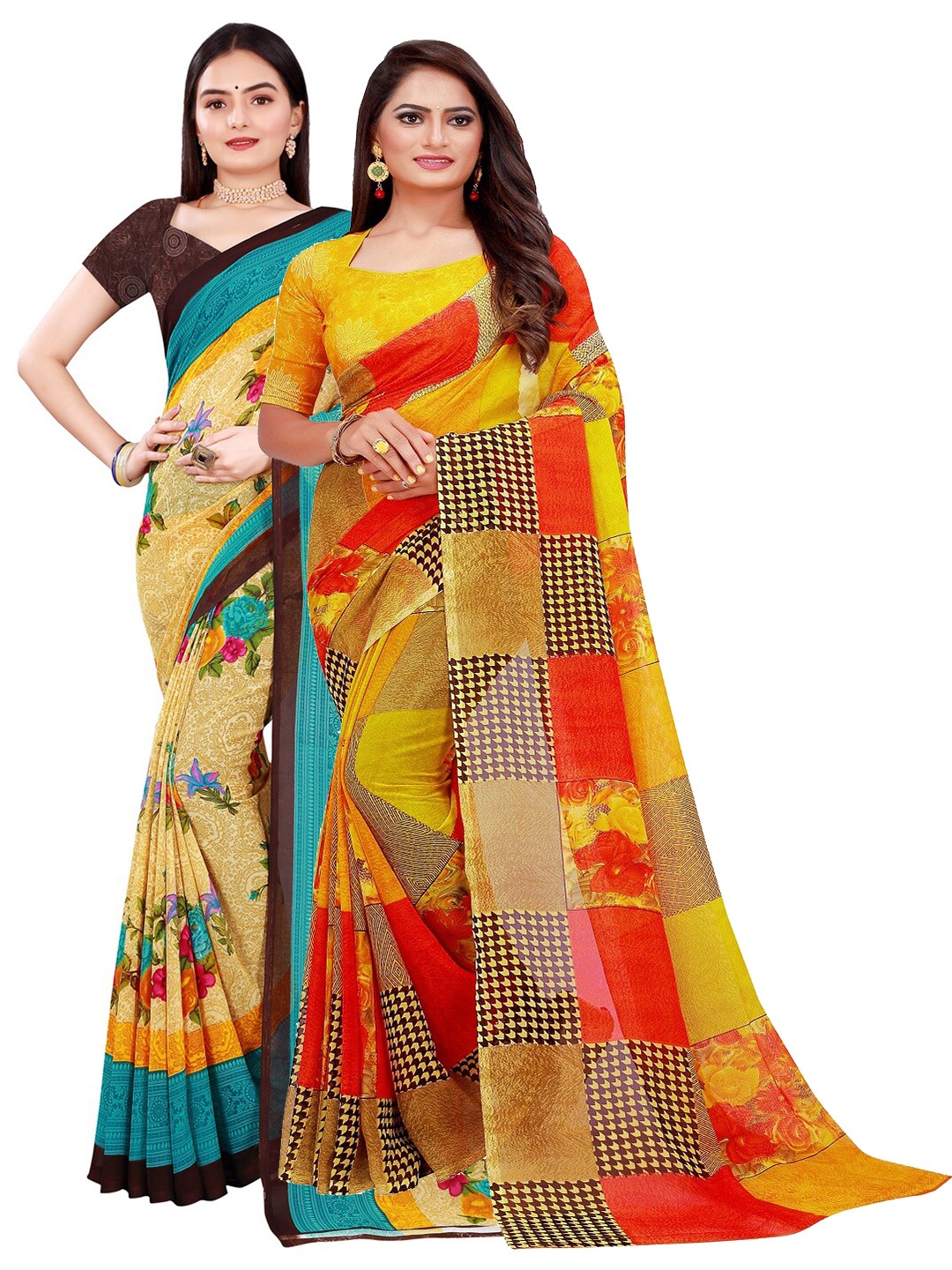 SAADHVI Red & Beige Floral Pure Georgette Saree