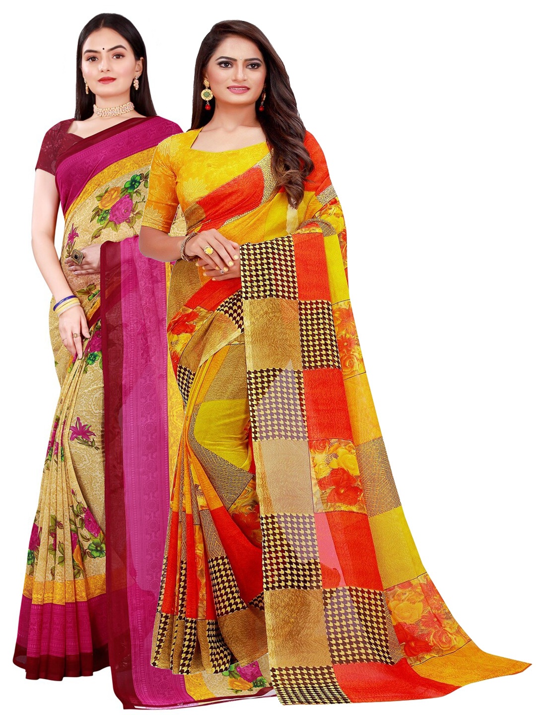 

SAADHVI Pack of 2 Pure Georgette Sarees, Beige