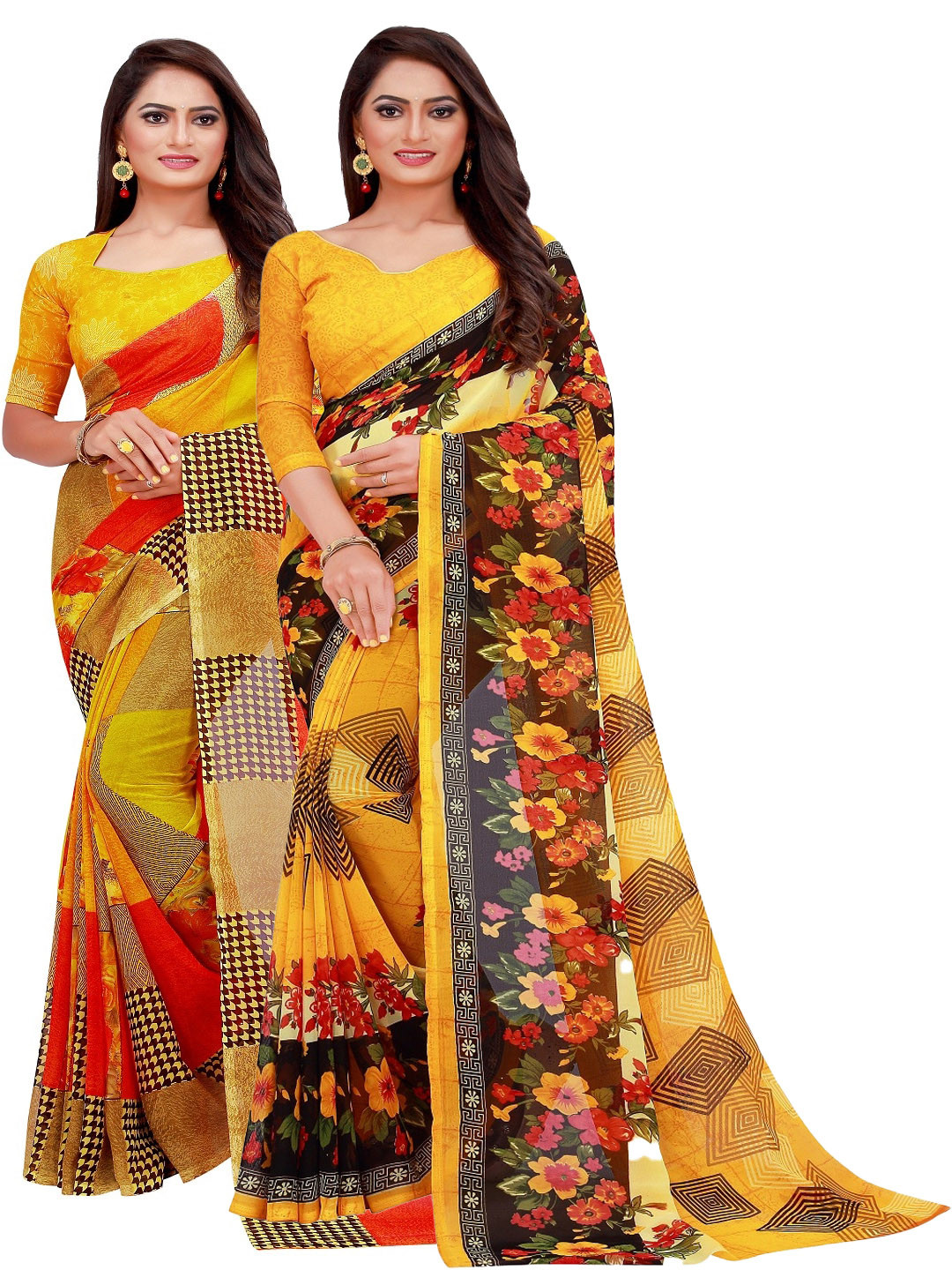 

SAADHVI Yellow & Red Floral Pack of 2 Pure Georgette Saree