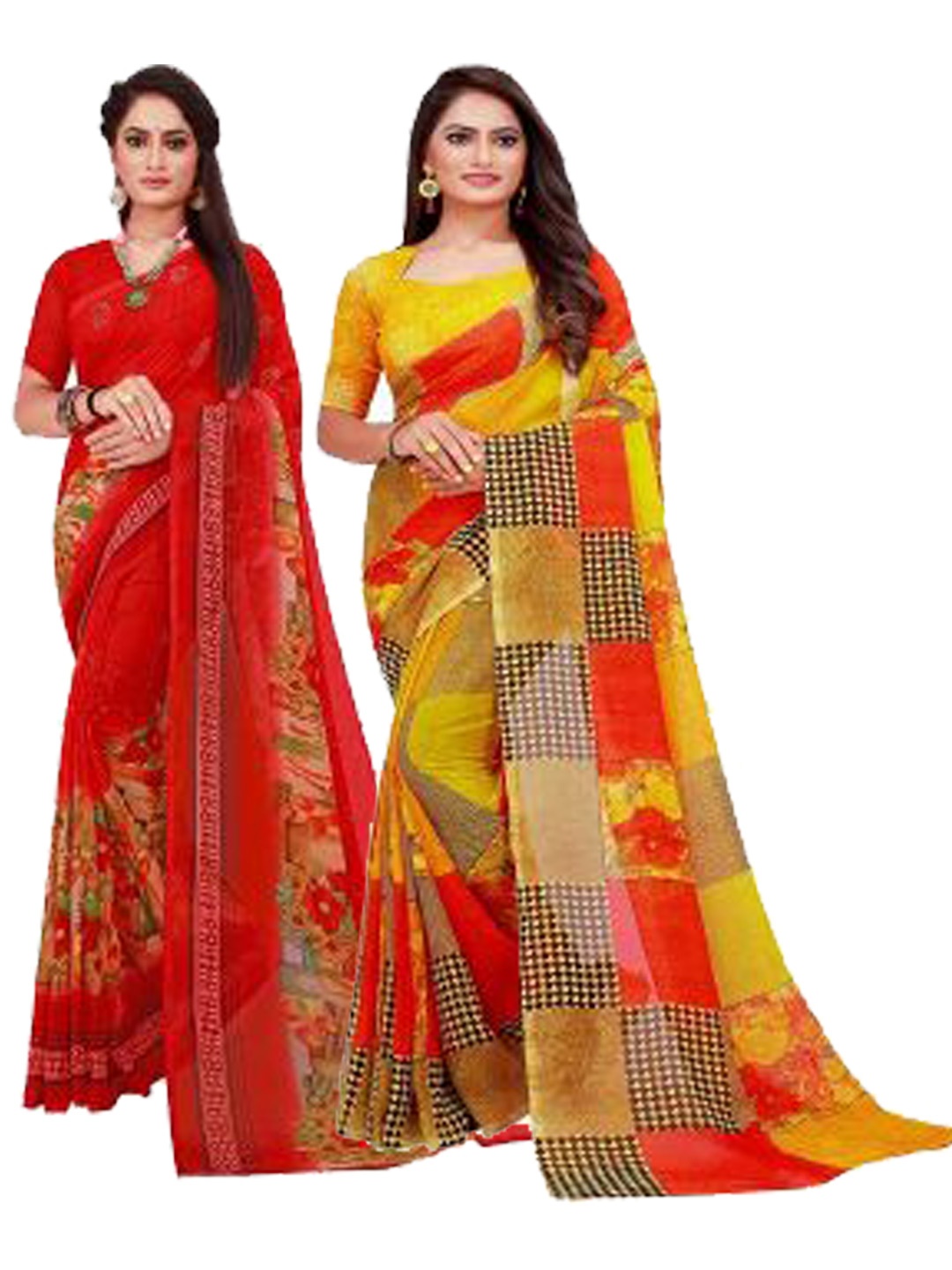 SAADHVI Pack of 2 Red & Yellow Pure Georgette Saree