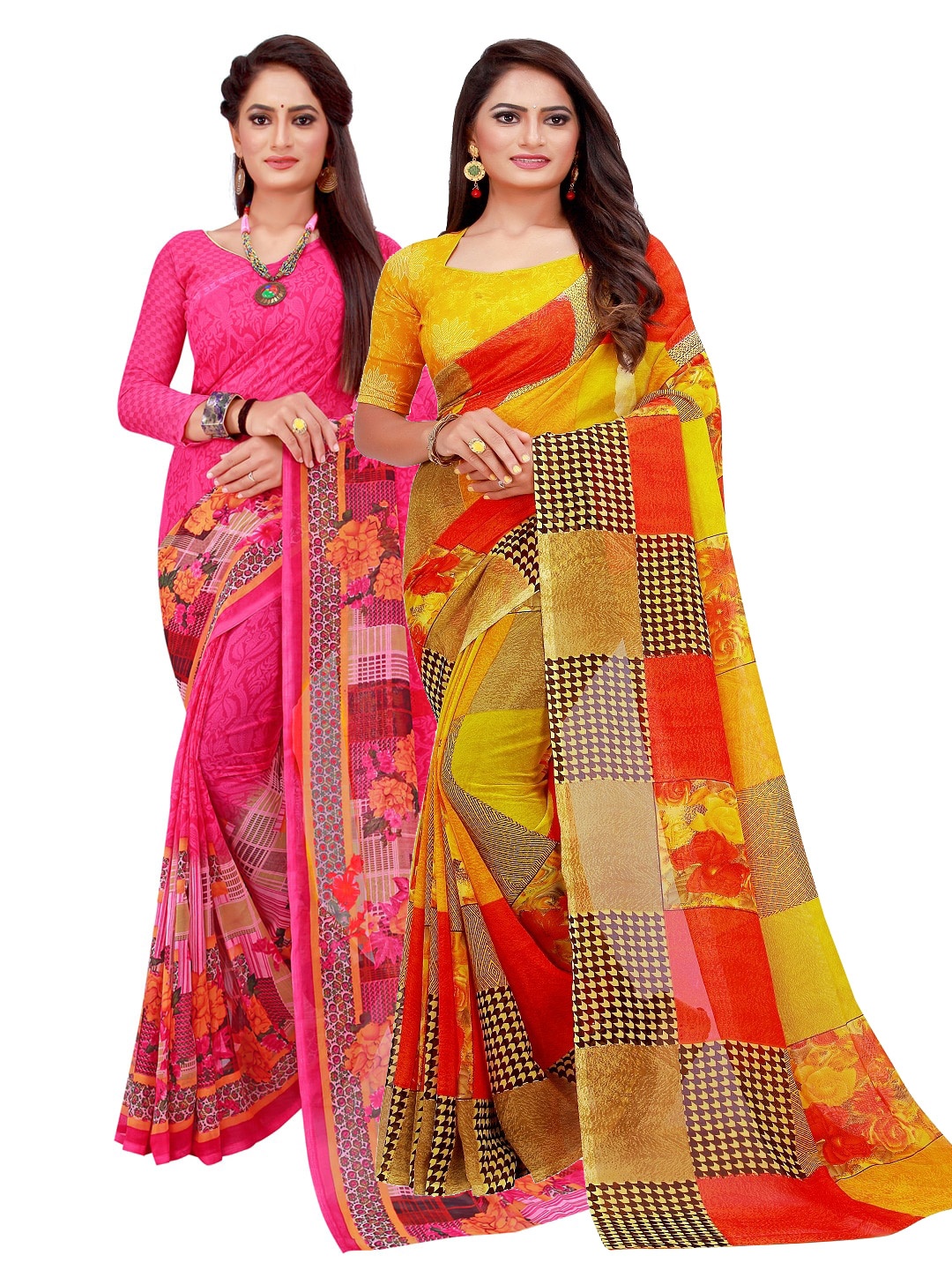 

SAADHVI Magenta & Yellow Set of 2 Pure Georgette Saree