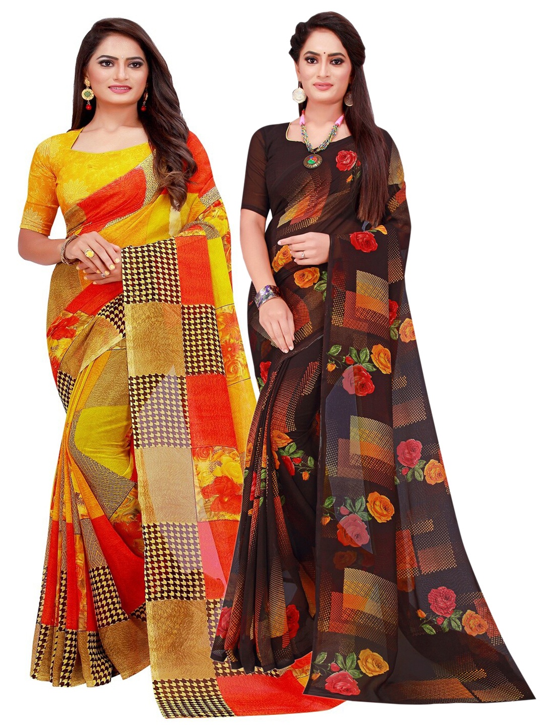 

SAADHVI Yellow & Black Pure Georgette Saree