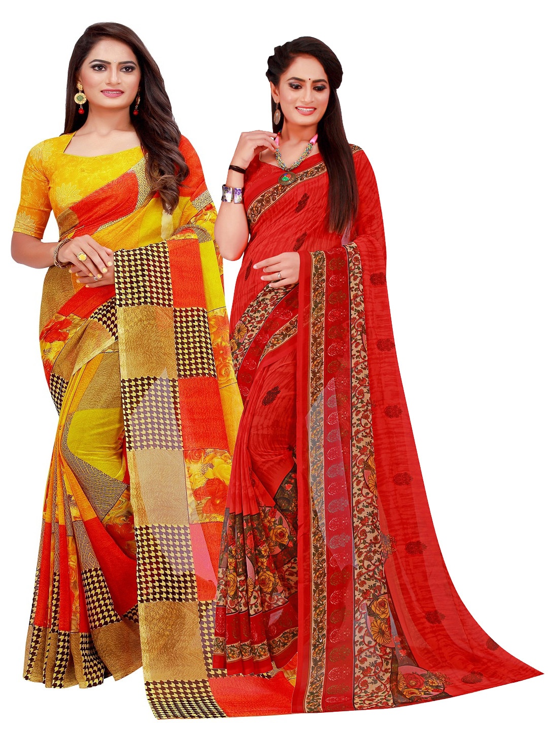 SAADHVI Yellow & Red Pure Georgette Saree