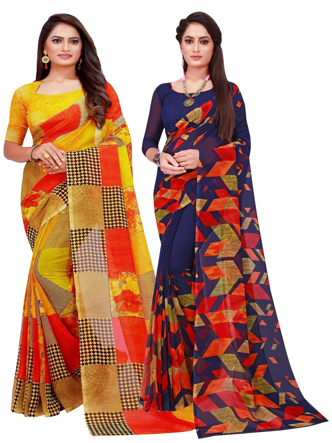 

SAADHVI Navy Blue & Yellow Pure Georgette Saree