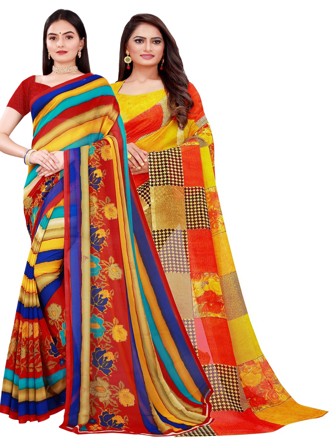 SAADHVI Red & Blue Pure Georgette Saree