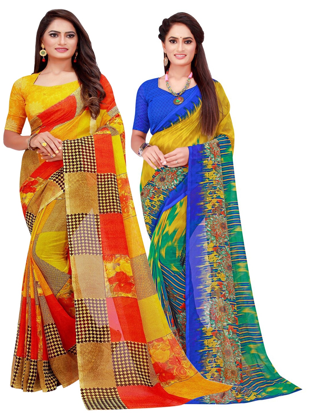 

SAADHVI Pack of 2 Pure Georgette Sarees, Yellow