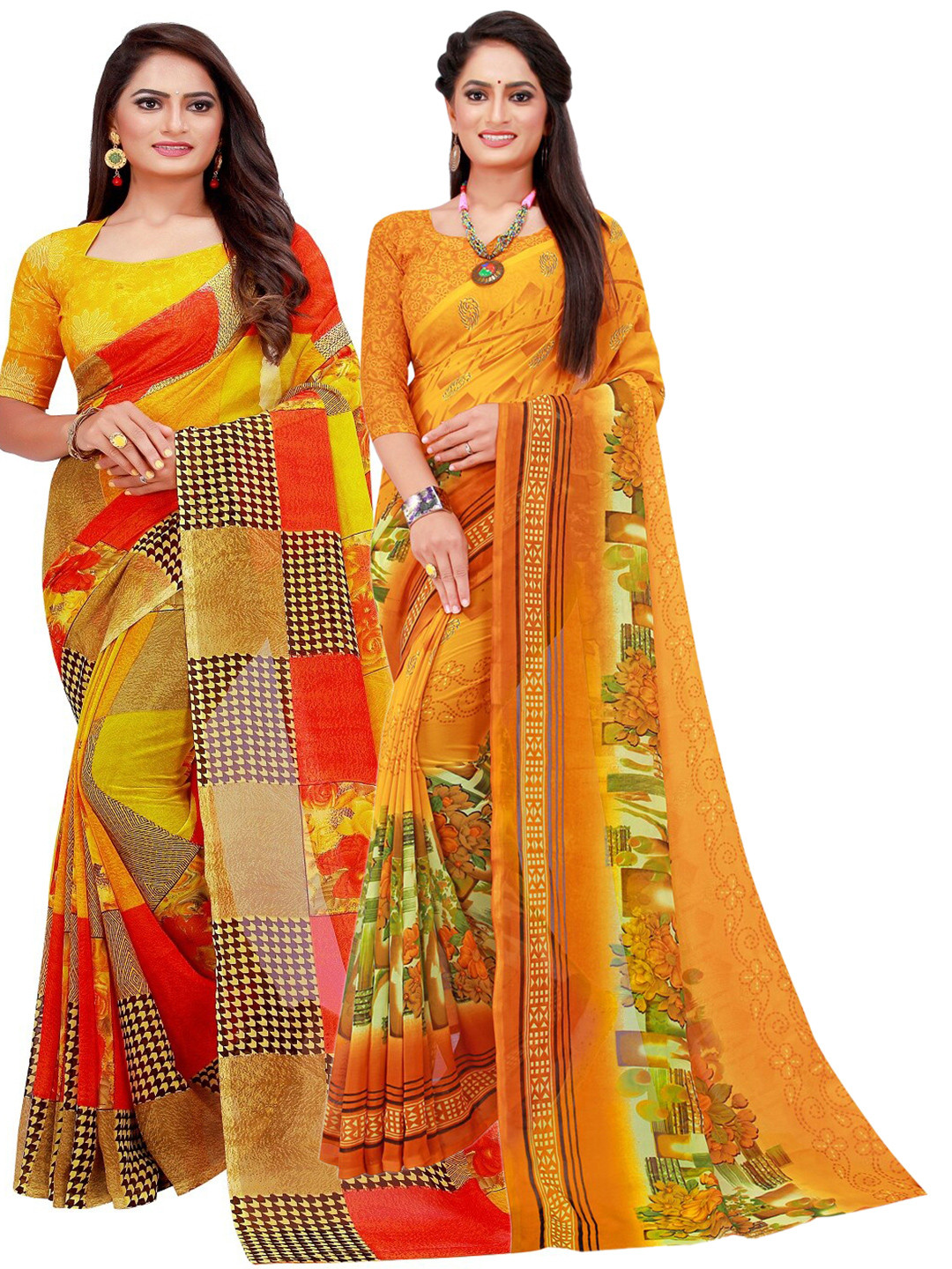 

SAADHVI Yellow & Red Geometric Pack of 2 Pure Georgette Saree