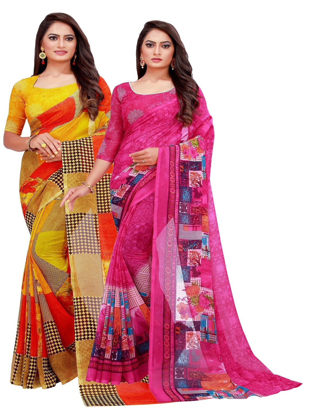 SAADHVI Pack Of 2 Yellow & Magenta Floral Printed Pure Georgette Saree