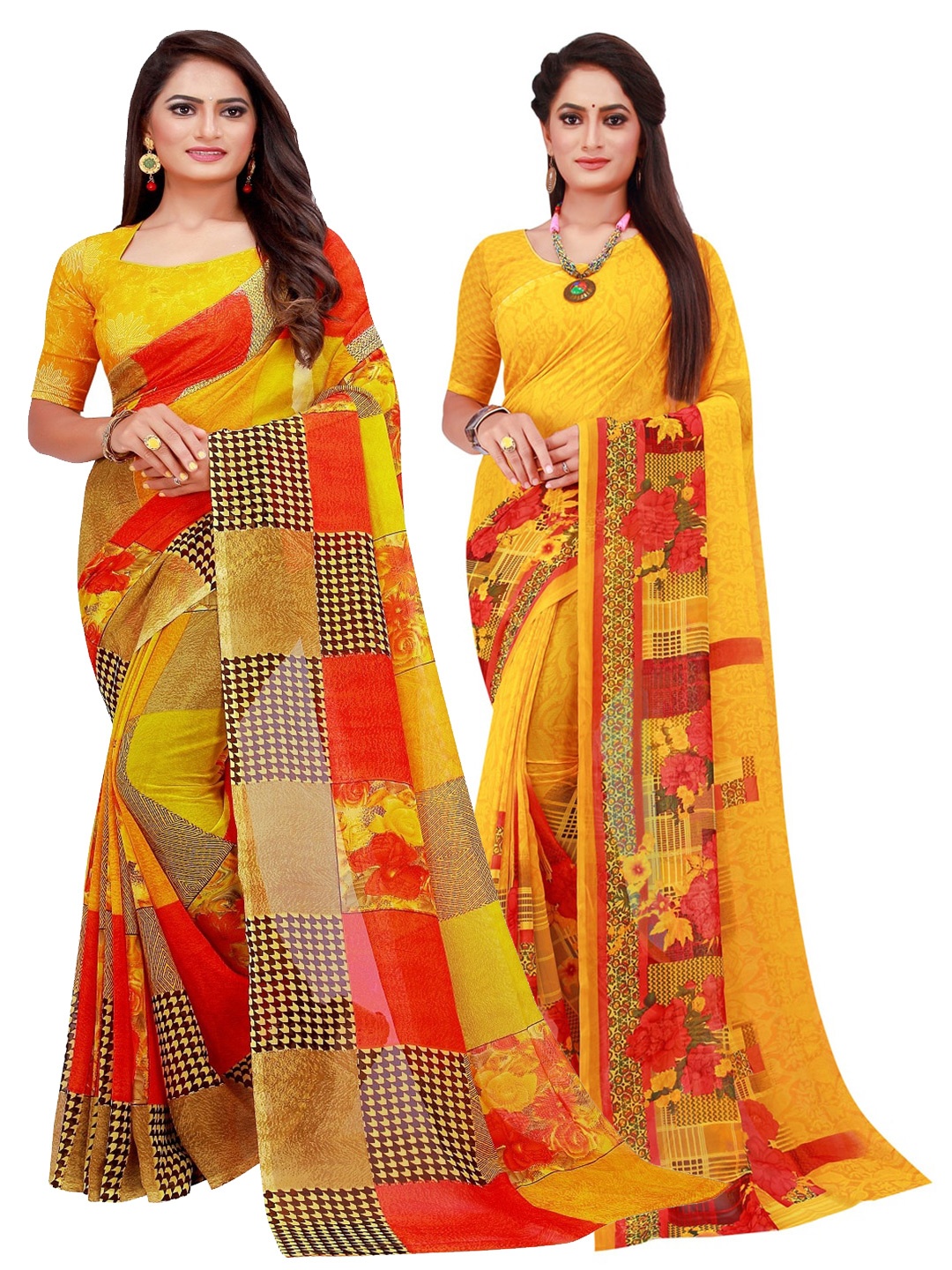 

SAADHVI Pack of 2 Yellow & Red Pure Georgette Saree