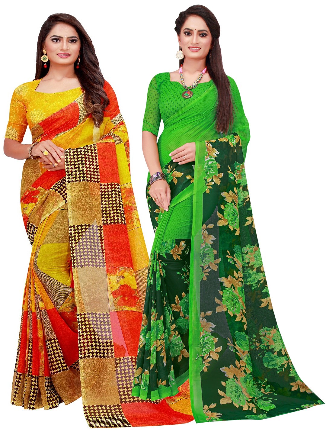 

SAADHVI Pack Of 2 Yellow & Green Floral Pure Georgette Saree