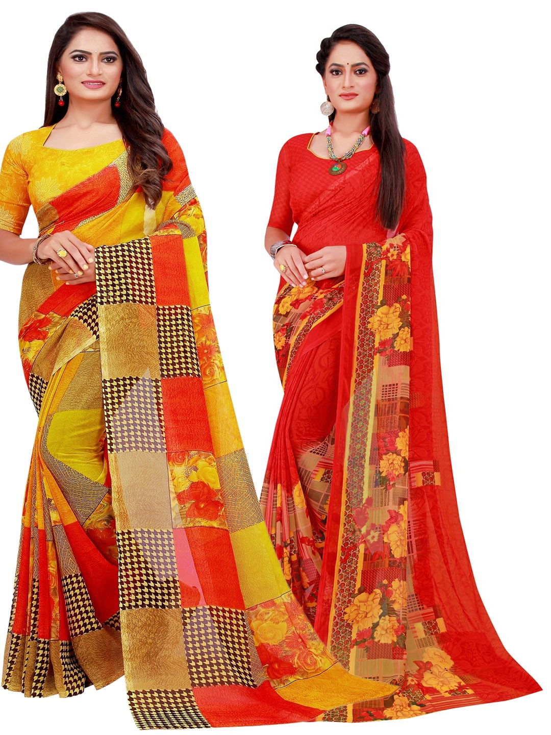 

SAADHVI Red & Yellow Floral Pure Georgette Saree
