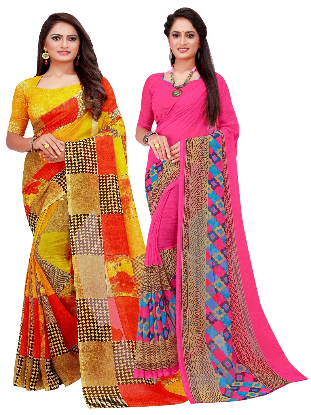 SAADHVI Magenta & Yellow Pure Georgette Saree
