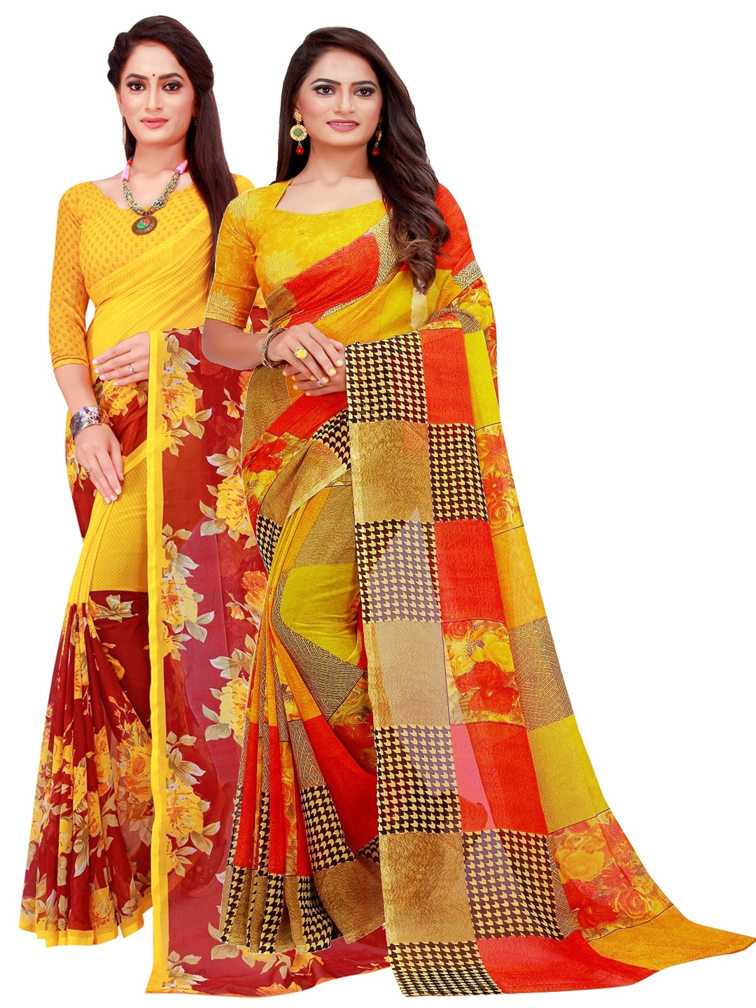 SAADHVI Yellow & Maroon Floral Pure Georgette Saree