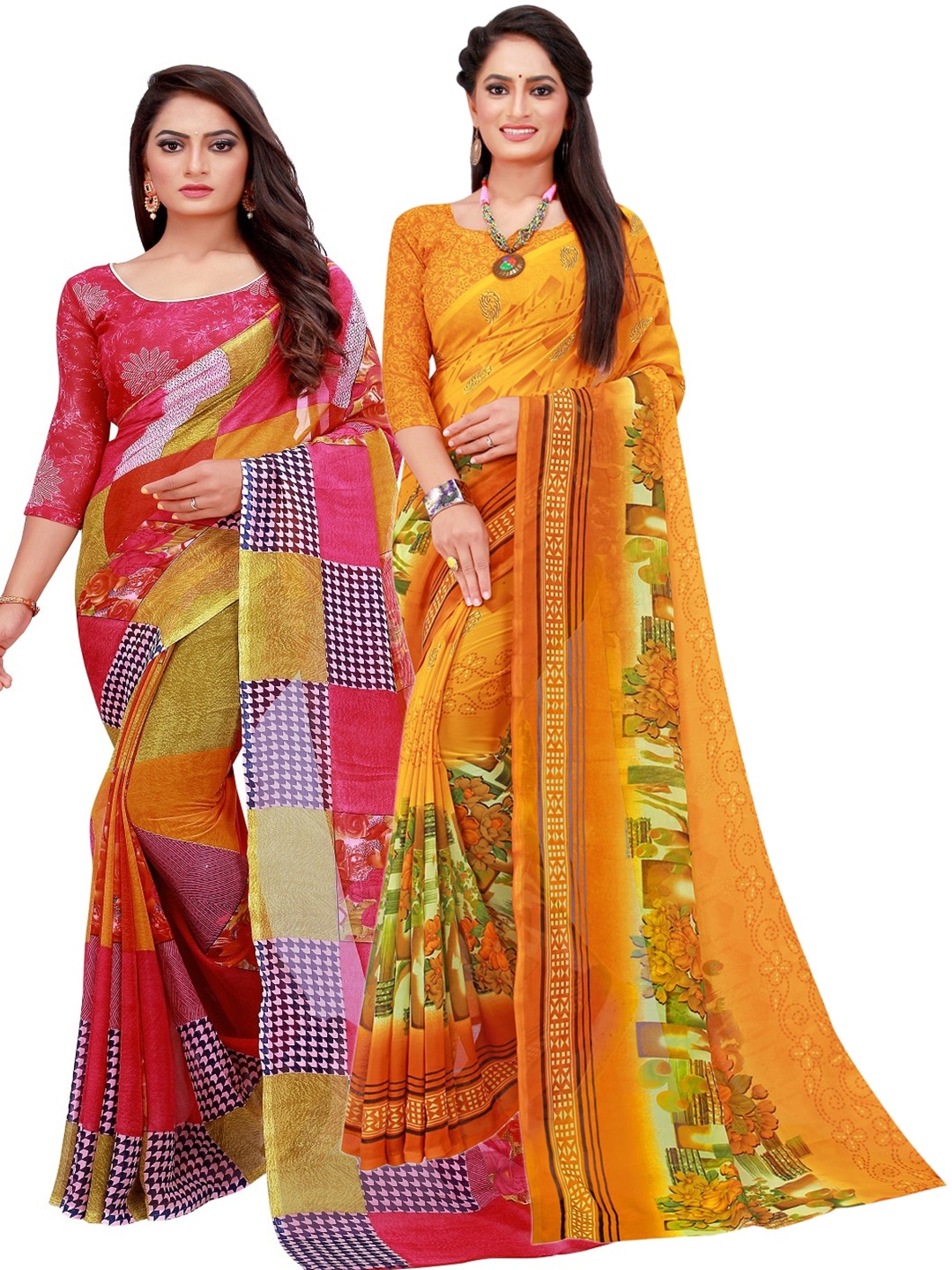 

Florence Pack Of 2 Yellow & Red Pure Georgette Saree
