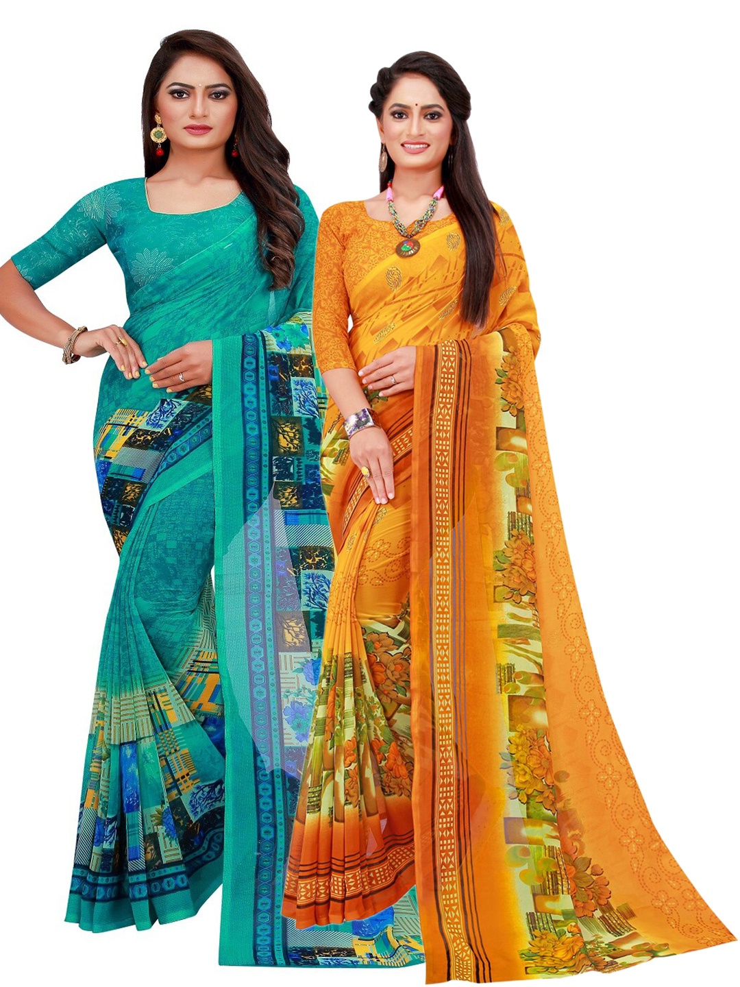 

Florence Yellow & Blue Pure Georgette Saree