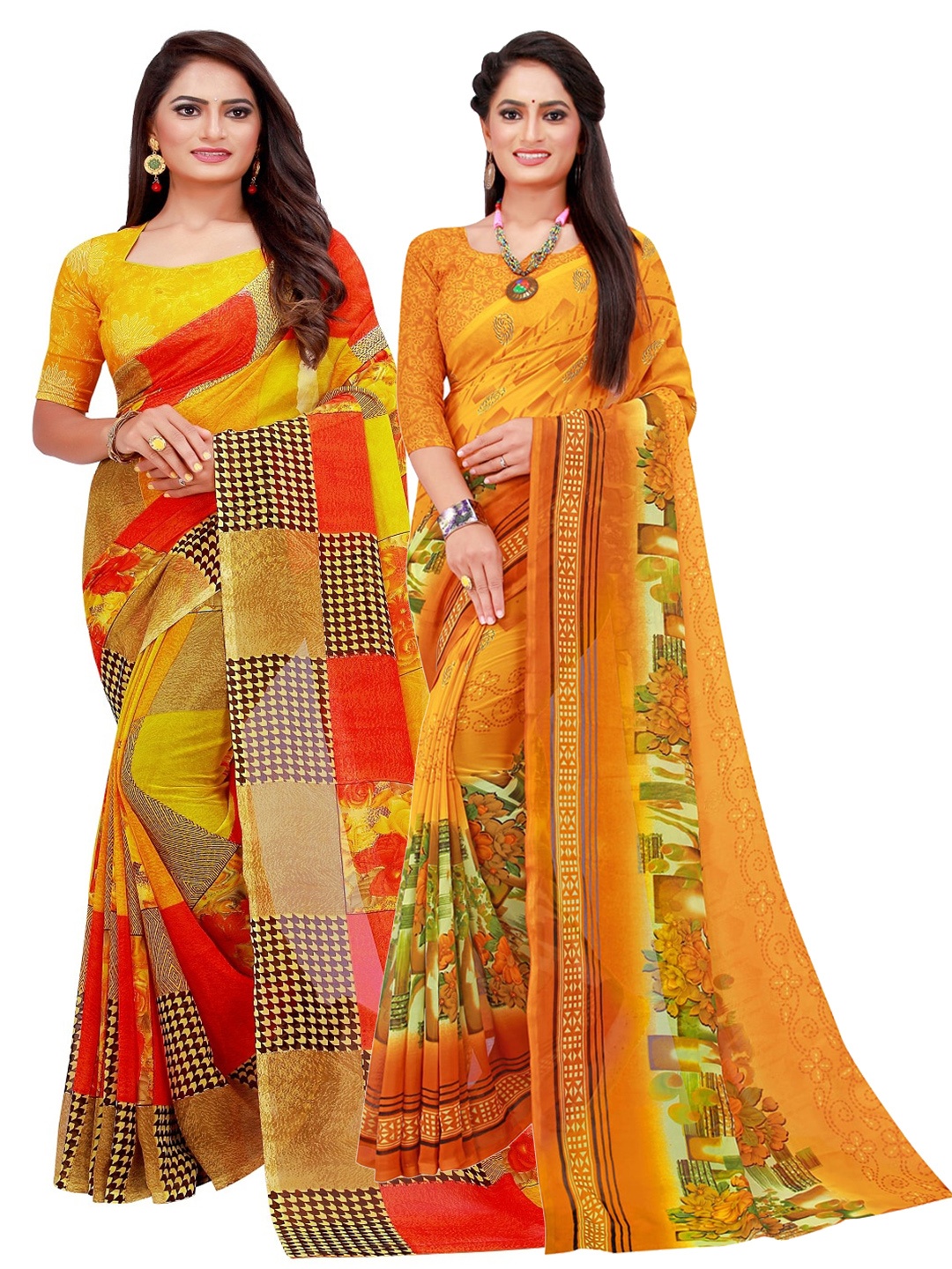 

Florence Yellow & Red Geometric Pack of 2 Pure Georgette Saree