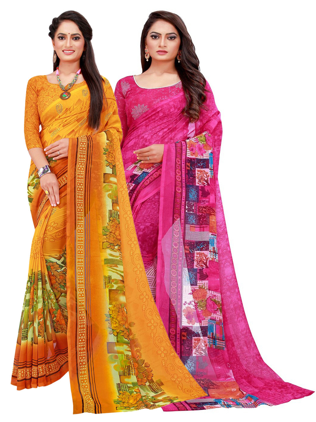 

Florence Pack Of 2 Yellow & Blue Printed Pure Georgette Sarees