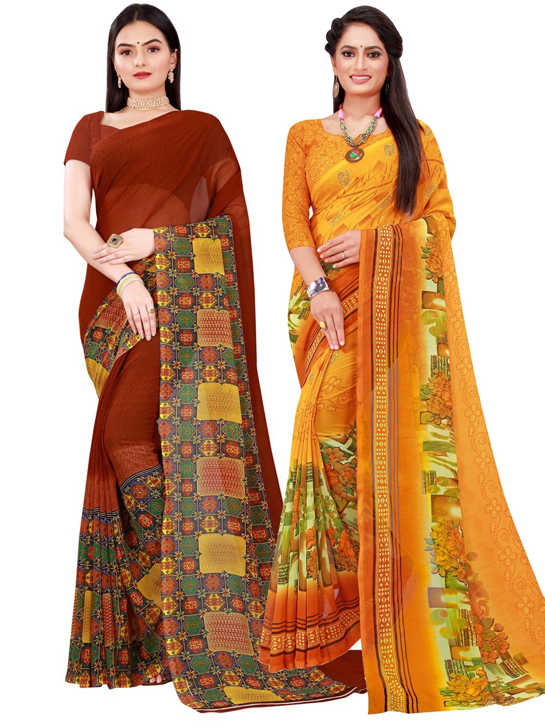 

Florence Yellow & Brown Pure Georgette Saree