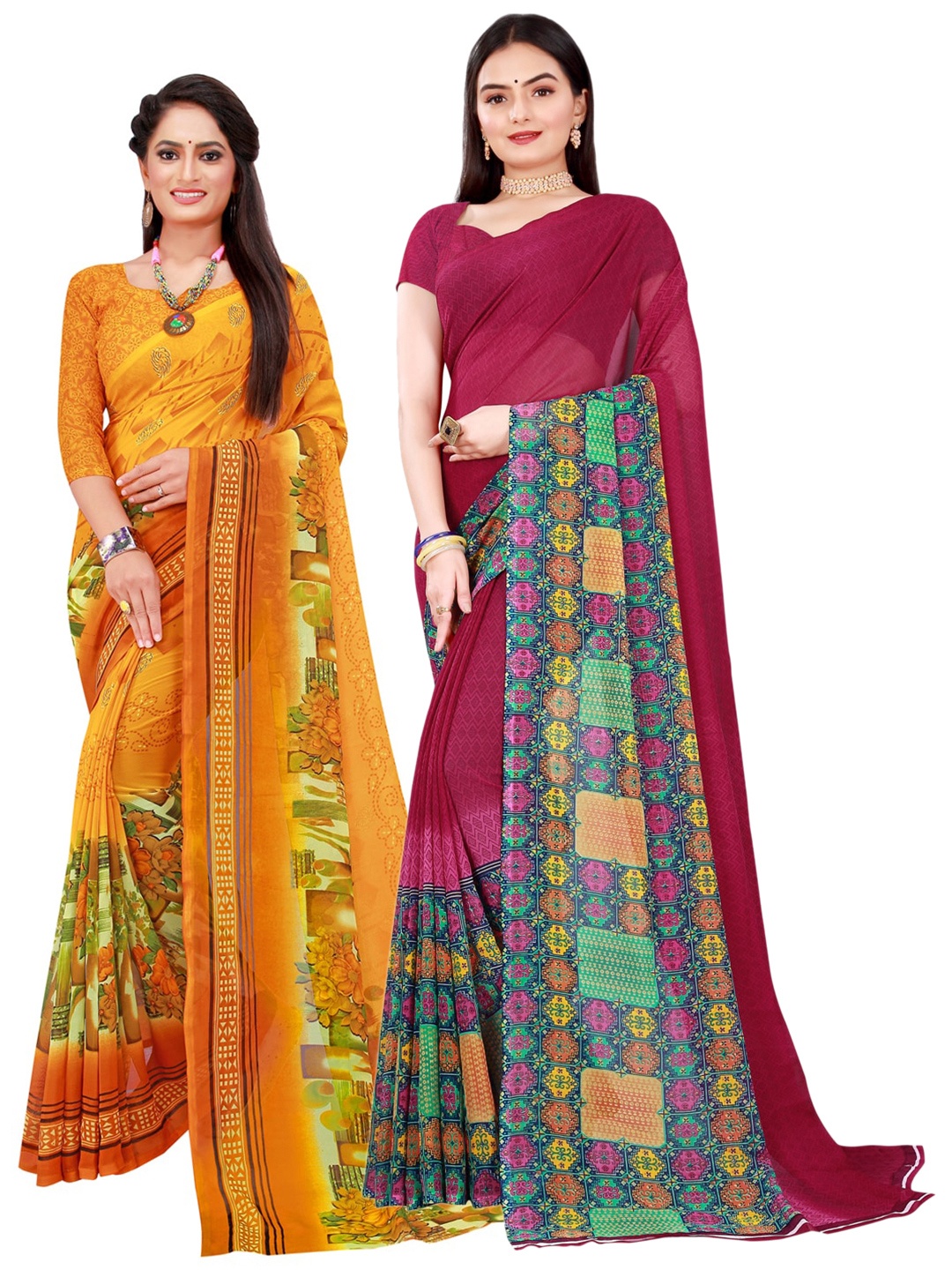 

Florence Yellow & Purple Set Of 2 Floral Pure Georgette Saree