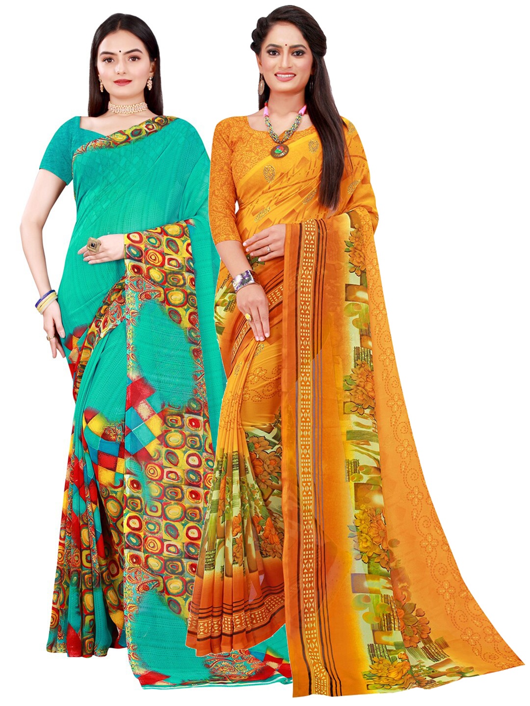 

Florence Pack Of 2 Yellow & Green Printed Pure Georgette Sarees