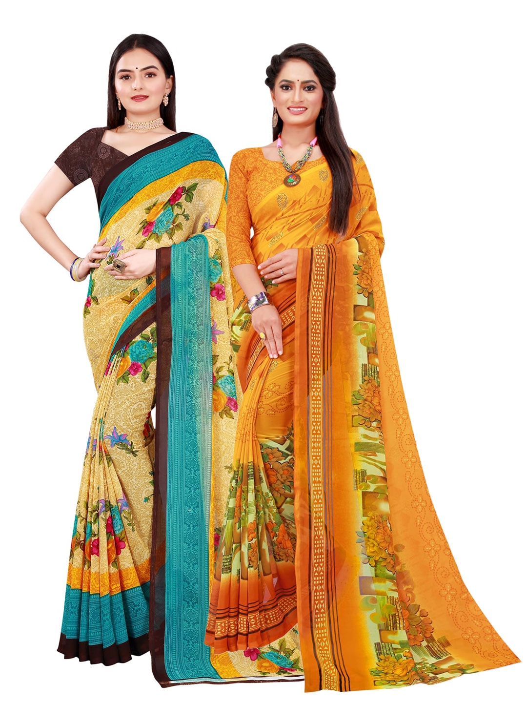 

Florence Yellow & Teal Floral Set of 2 Pure Georgette Saree