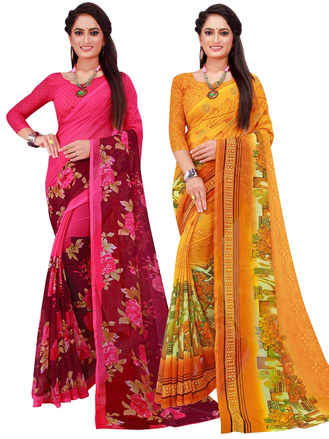 

Florence Yellow & Pink Pure Georgette Saree