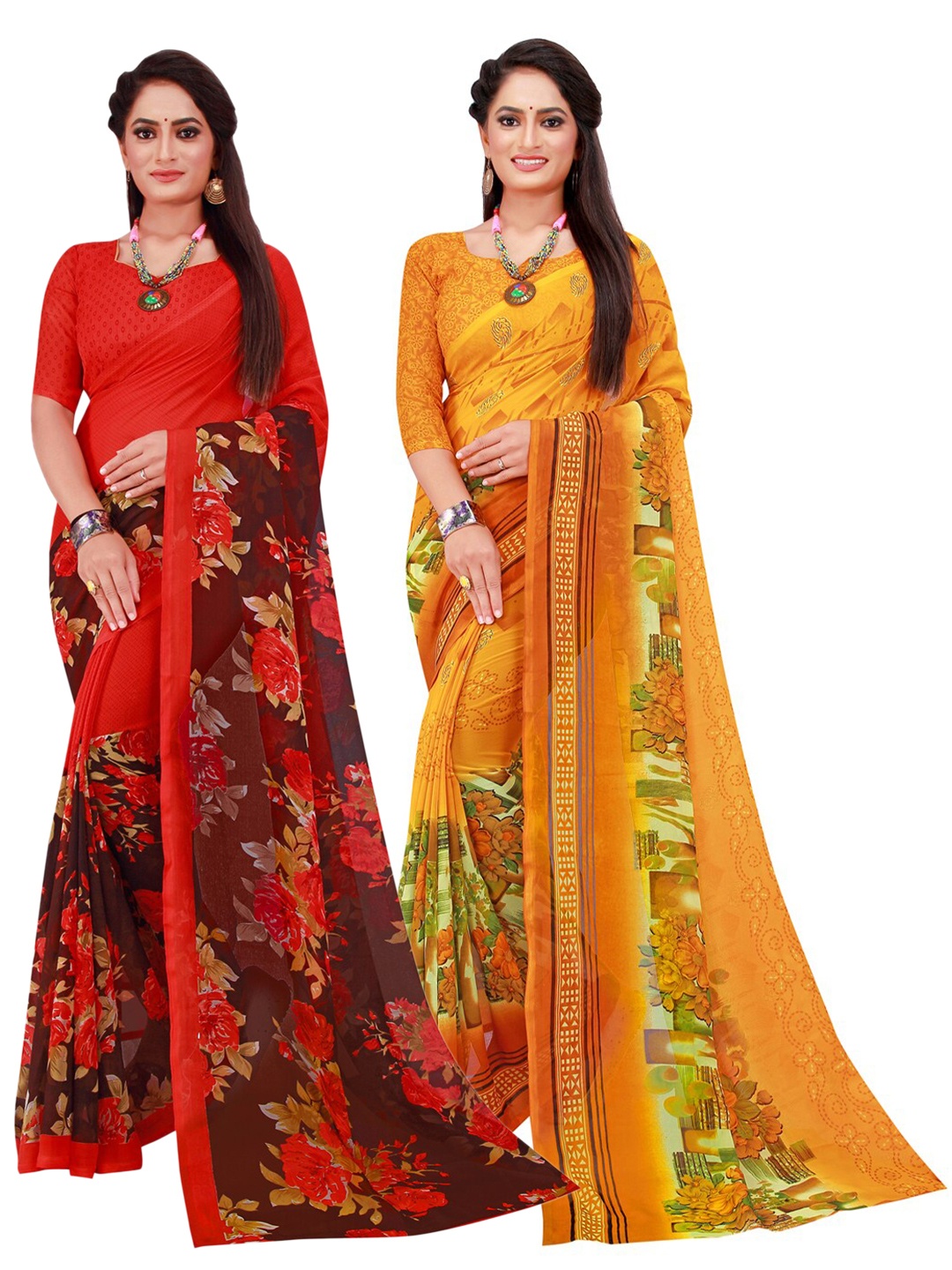 Florence Pack Of 2 Yellow & Green Printed Pure Georgette Saree