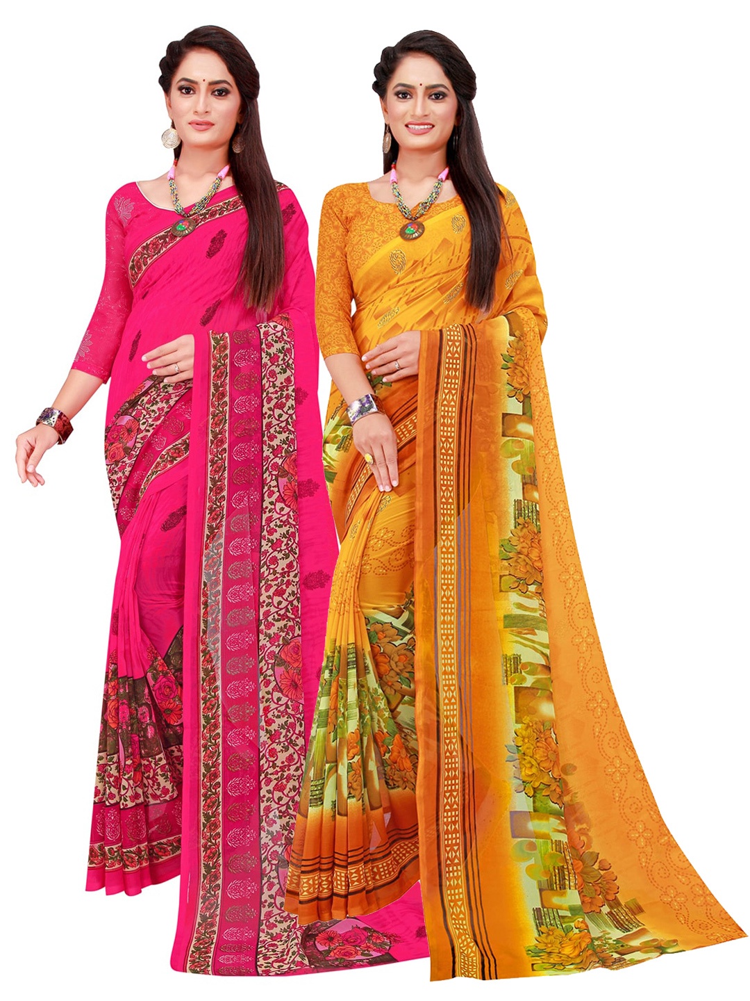 

Florence Pack of 2 Yellow & Pink Floral Pure Georgette Saree
