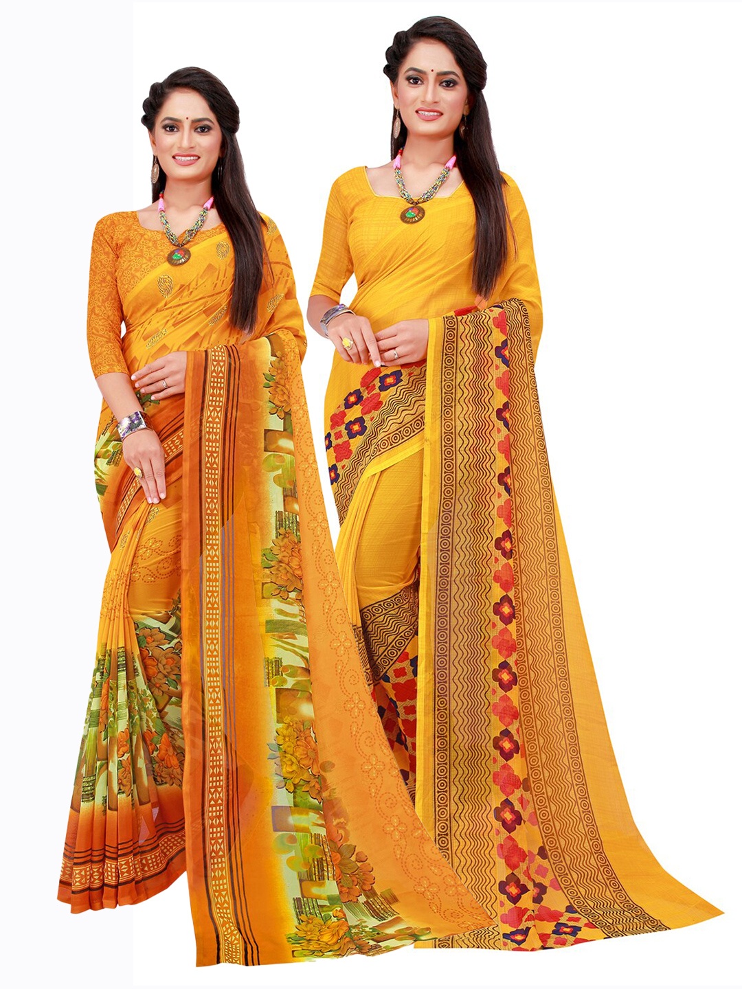 Florence Yellow & Green Floral Set of 2 Pure Georgette Saree