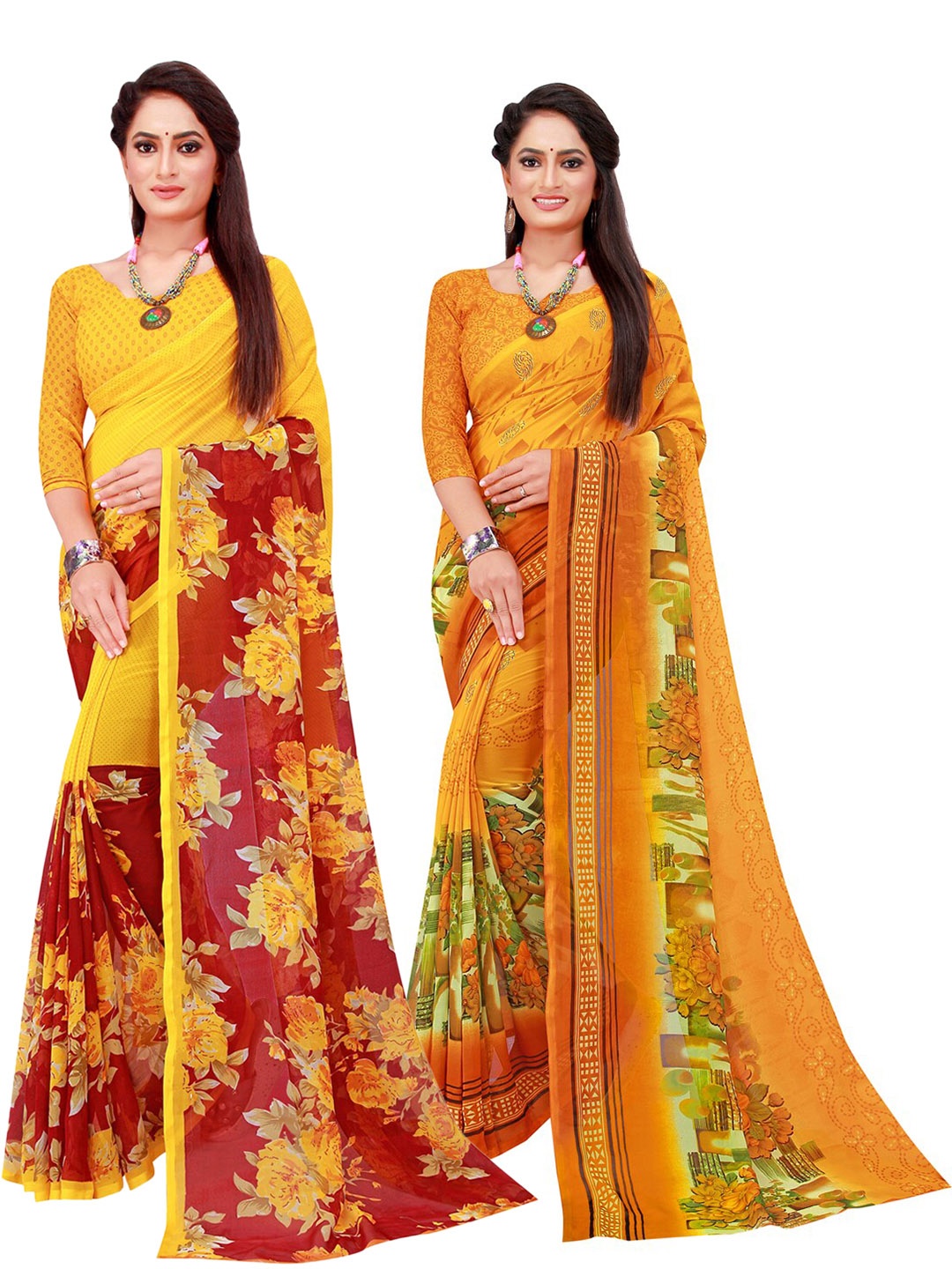 

Florence Yellow & Red Floral Printed Pure Georgette Saree Pack Of 2