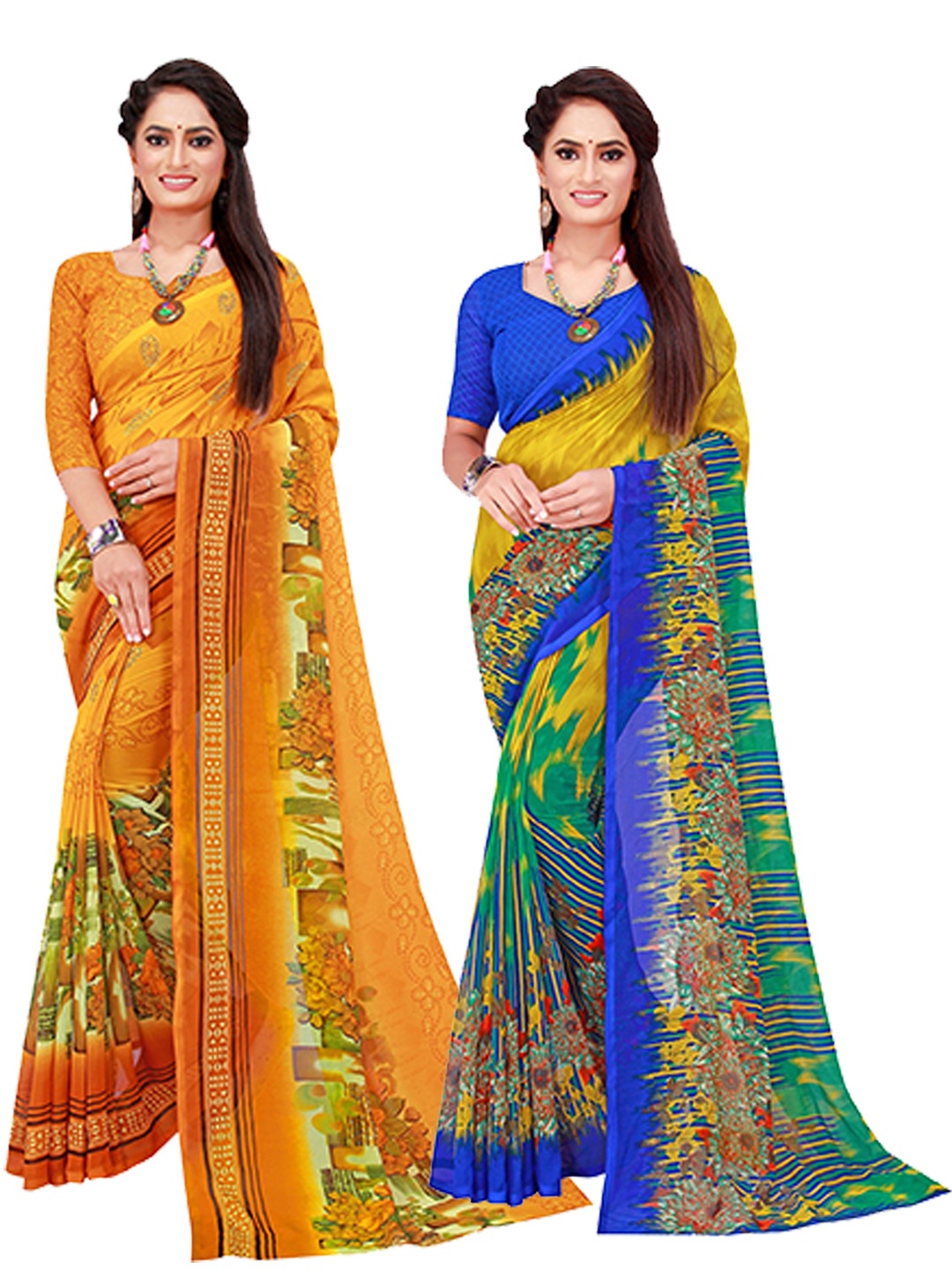 

Florence Pack Of 2 Yellow & Blue Floral Pure Georgette Saree