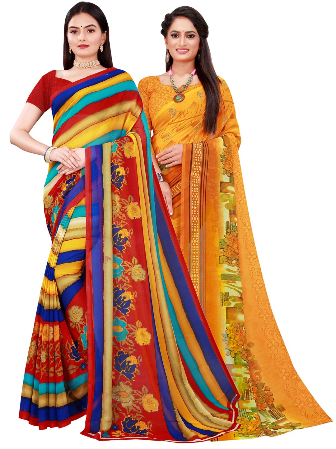 

Florence Pack Of 2 Yellow & Pink Floral Printed Pure Georgette Saree