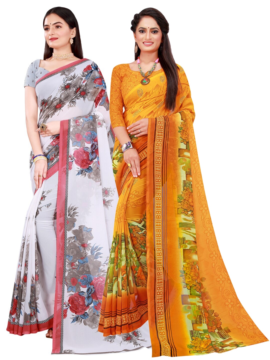 

Florence Yellow & Pink Set of 2 Pure Georgette Saree