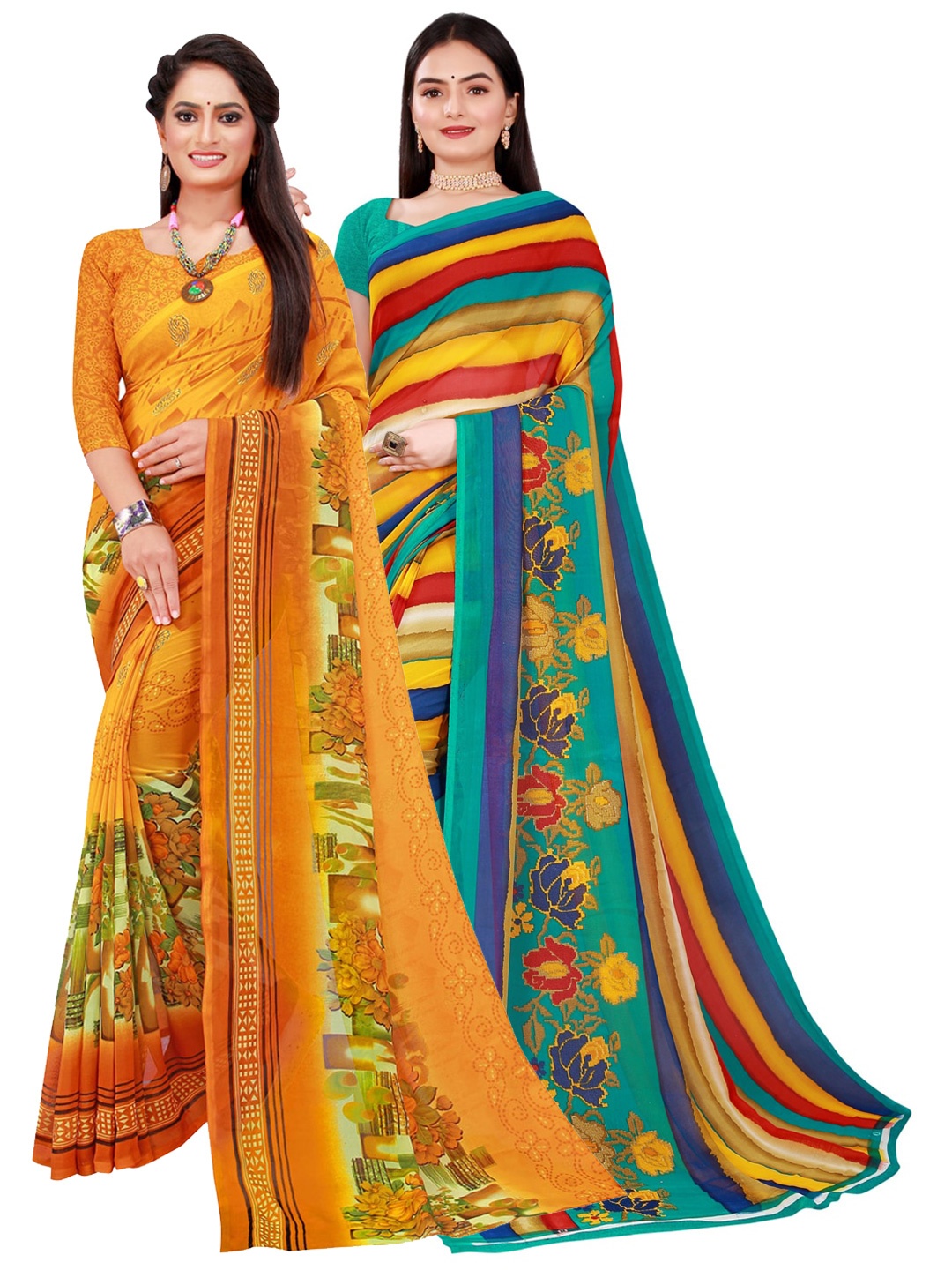 

Florence Pack Of 2 Yellow & Teal Floral Pure Georgette Saree