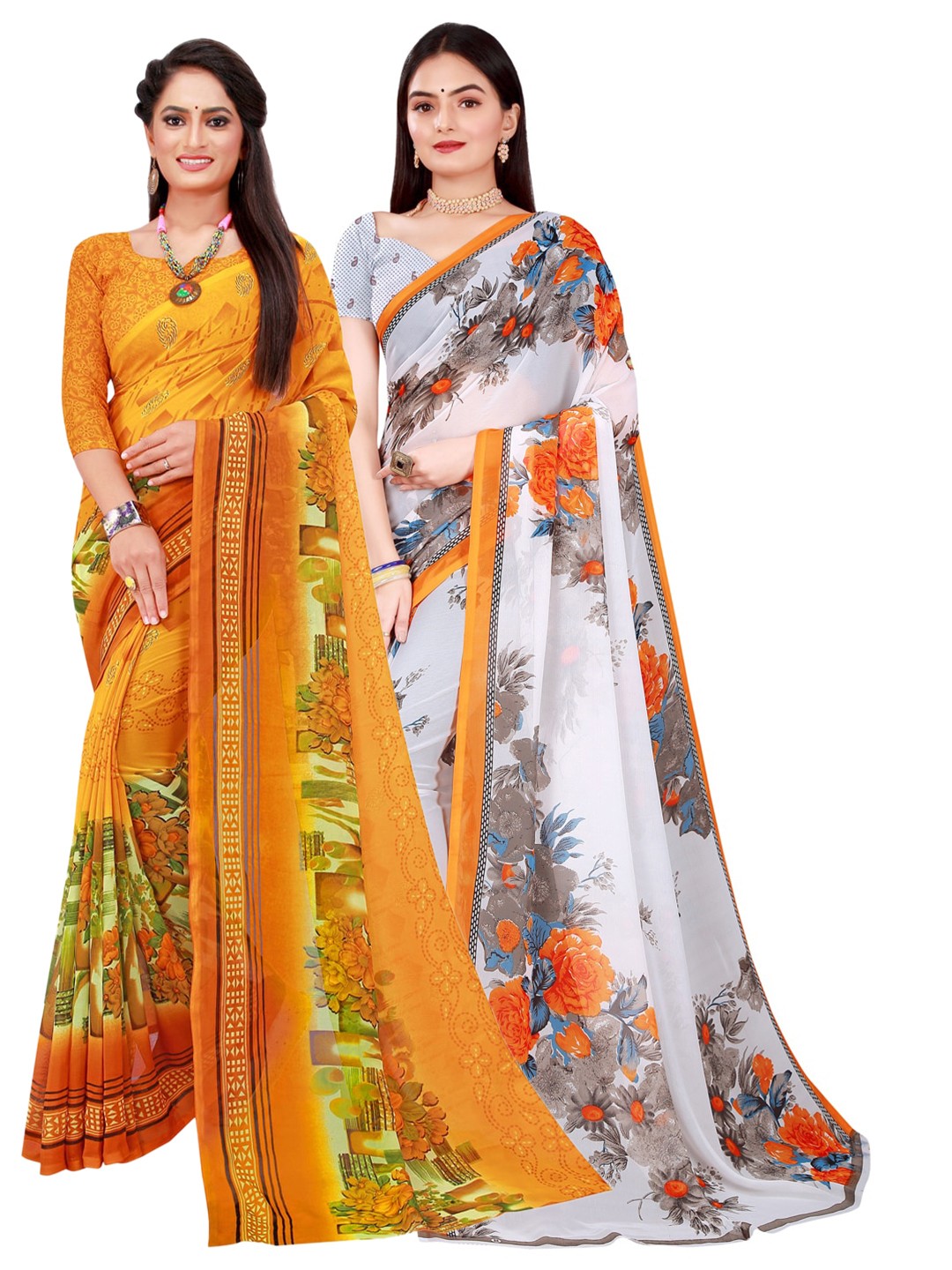 

Florence Pack of 2 Yellow & White Pure Georgette Saree