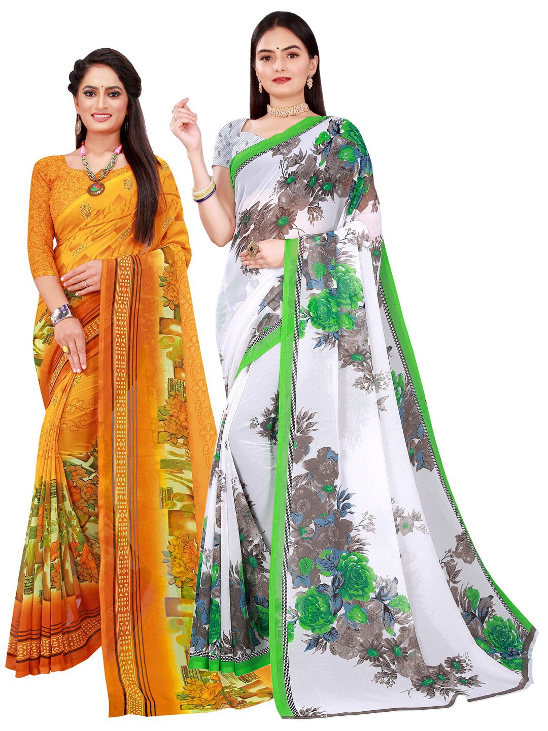 

Florence Pack Of 2 Yellow & White Floral Pure Georgette Saree