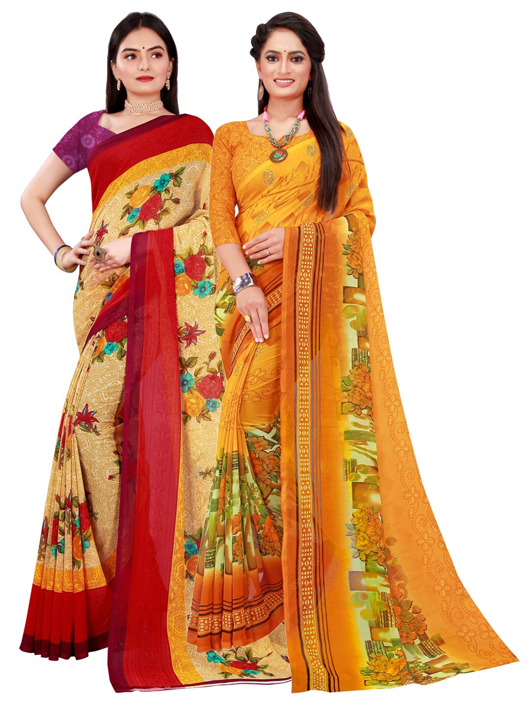 

Florence Yellow & Red Floral Pure Georgette Saree